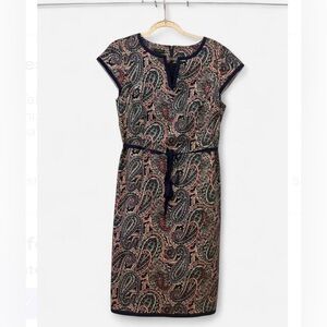 Paisley Cap-Sleeve Belted Dress in Navy and Pink
